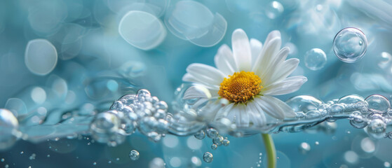 A single daisy creating a poetic splash, bubbles surrounding its petals - obrazy, fototapety, plakaty