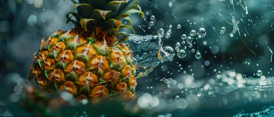 A pineapple diving into the deep, creating an exotic splash and bubbles