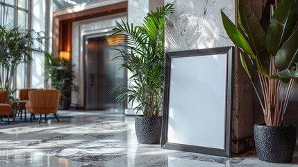 A blank mock-up of a photo frame by the elevator in the hotel lobby.
