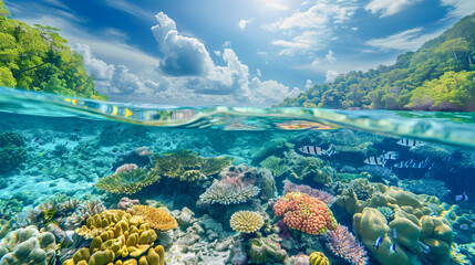 Uma composição que captura a beleza do fundo do mar, com lindos peixes e águas, ao mesmo tempo em que revela uma parte da flora com natureza exuberante, criando uma dupla exposição incrível