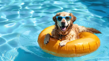Golden retriever dog lying in an inflatable ring and swimming goggles near the hotel pool. Summer vacation concept