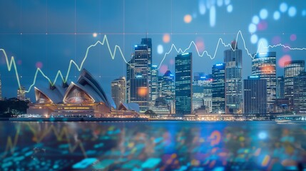 Australia business skyline with stock exchange trading chart double exposure, trading stock market digital concept	
 - obrazy, fototapety, plakaty
