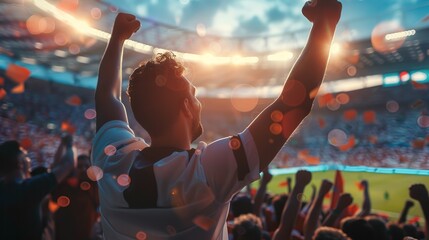 Crowd of sports fans cheering during a match in stadium. Excited people standing with their arms...