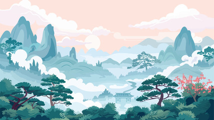 Imaginativector chinese landscape with trees and mounta