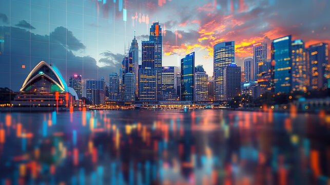 Australia business skyline with stock exchange trading chart double exposure, trading stock market digital concept	
