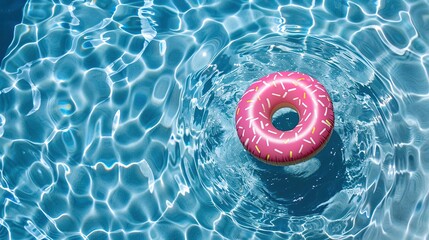 Top view of a floating inflatable donut in a transparent turquoise pool. Summer vacation background - obrazy, fototapety, plakaty