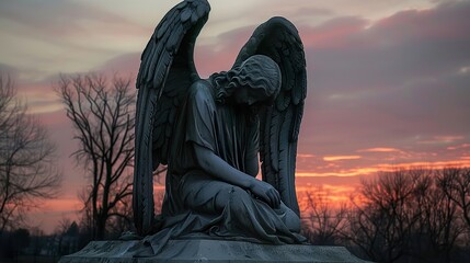 Sculpture of a sad and crying mourning angel. A symbol of grief and sadness from loss. - obrazy, fototapety, plakaty
