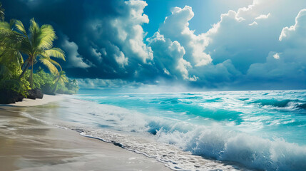 Praia com grandes ondas em um mar azul agitado, sob um céu repleto de nuvens carregadas de tempestade, demonstrando a beleza e a força da natureza - obrazy, fototapety, plakaty