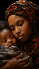 African American child is sleeping on the shoulder of a mother who is holding , Generate AI