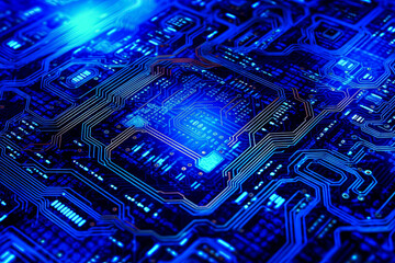 A close up of a blue electronic circuit board with a small chip on it.