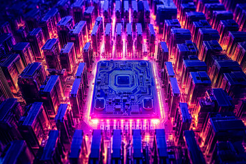 A computer chip is shown in a blue and purple color scheme.