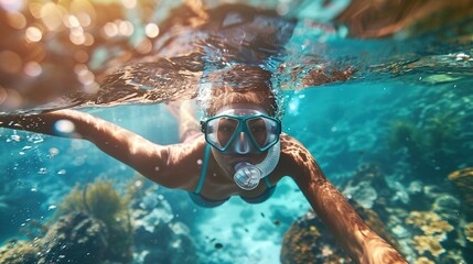 Woman with mask snorkeling in clear water over vivid coral reef