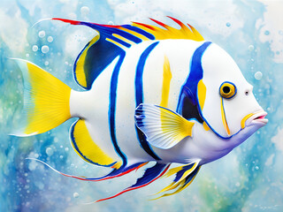 Colorful Young Emperor Angel Fish swimming in a colorful background, illustrated by hand with tropical fish in the sea
