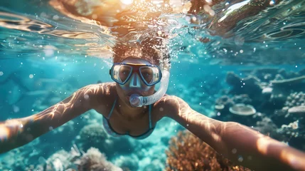 Poster Woman with mask snorkeling in clear water over vivid coral reef © Irina Sharnina
