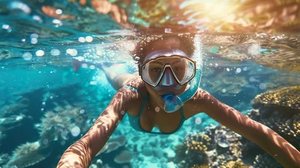  Woman with mask snorkeling in clear water over vivid coral reef © Irina Sharnina