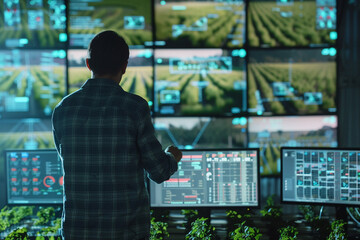 Control room scene, agricultural expert studying satellite images, monitoring crop vitality, high-tech farming