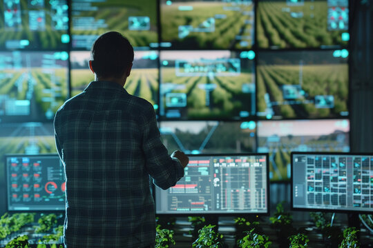 Control room scene, agricultural expert studying satellite images, monitoring crop vitality, high-tech farming