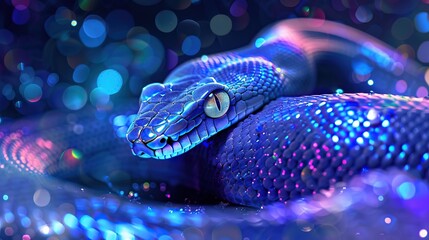A vibrant, digitally enhanced image of a snake with a blue and purple hue