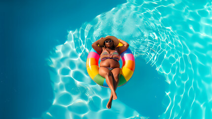 Portrait of an attractive plus size African American model of a cheerful fat woman swimming in a rainbow colored inflatable ring in the pool. Relaxing summer holidays - obrazy, fototapety, plakaty