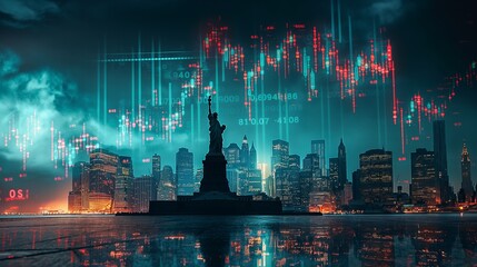 New York business skyline with stock exchange trading chart double exposure, Liberty Statue, trading stock market digital concept	
