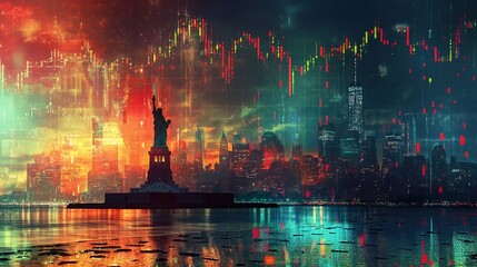 New York business skyline with stock exchange trading chart double exposure, Liberty Statue, trading stock market digital concept	
 - obrazy, fototapety, plakaty