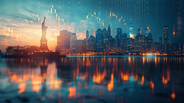 New York business skyline with stock exchange trading chart double exposure, Liberty Statue, trading stock market digital concept	
