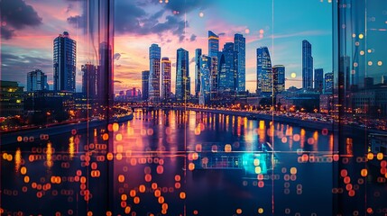 Moscow city business skyline with stock exchange trading chart double exposure, trading stock market digital concept	 - obrazy, fototapety, plakaty