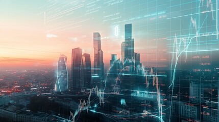 Moscow city business skyline with stock exchange trading chart double exposure, trading stock market digital concept	 - obrazy, fototapety, plakaty