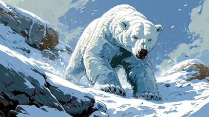 dynamic and energetic cartoonish polar bear, embodying the bold iconic flair