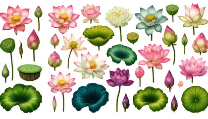 An array of lotus flowers and leaves in various stages of bloom, detailed and realistic, suited for educational material or sophisticated decor.