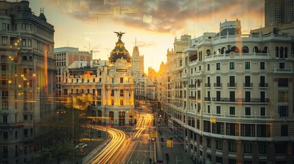 Spain Madrid business skyline with stock exchange trading chart double exposure, Europe trading stock market digital concept	
 - obrazy, fototapety, plakaty