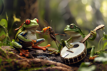 Two frogs playing a banjo and a bug playing the guitar. Scene is lighthearted and playful - obrazy, fototapety, plakaty