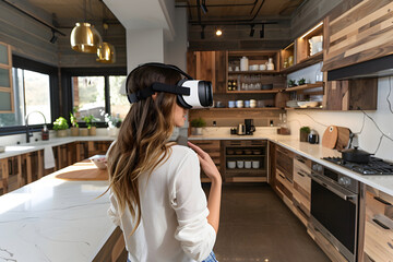 A woman with eyewear is wearing a virtual reality headset while standing in a kitchen.