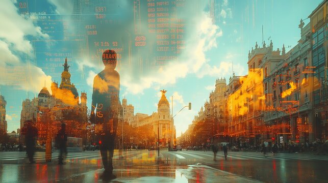 Spain Madrid business skyline with stock exchange trading chart double exposure, Europe trading stock market digital concept	
