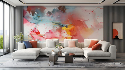 Bright, contemporary living room decor with artistic wallpaper.