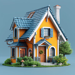 3D small house on blue background 3d illustration, generative ai