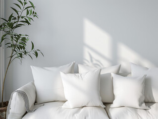 Fototapeta na wymiar Presentation of your design on textile pillows. Pillow mockup. White pillow. Template. White pillow in light interior. Mockup. Product presentation.