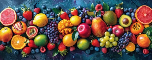 Obraz na płótnie Canvas Bring ancient stories to life in a modern twist! Design a vibrant wide-angle image of exotic fruits, each representing a mythological tale