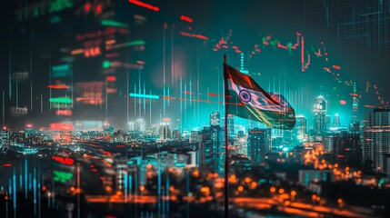 Mumbai business skyline with stock exchange trading chart double exposure with India flag, asia trading stock market digital concept	
