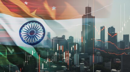 Mumbai business skyline with stock exchange trading chart double exposure with India flag, asia trading stock market digital concept	
 - obrazy, fototapety, plakaty