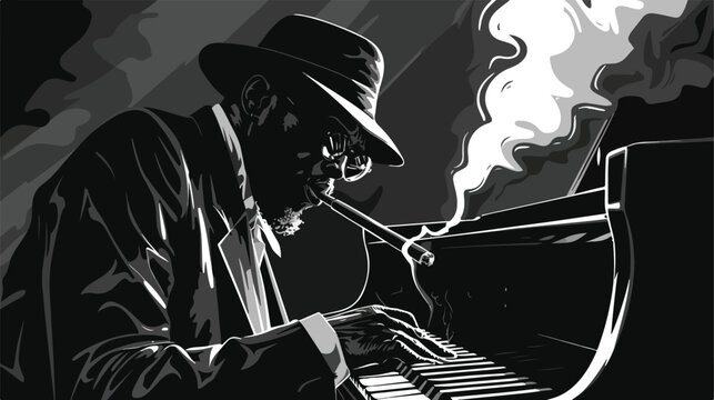 Jazz pianist in black and white smoking cigar  vector