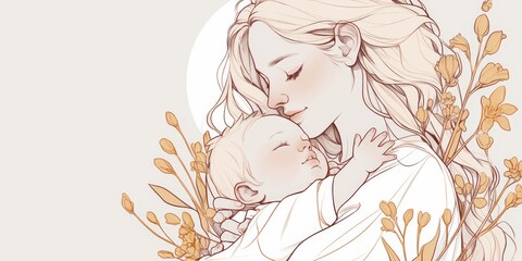 Mother Holding Baby in Illustrative Style, Floral Background with Soft Colors
