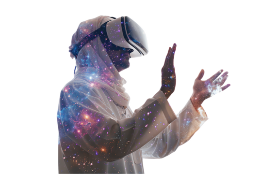 muslim man making a virtual goggless_ of a person holding a screen