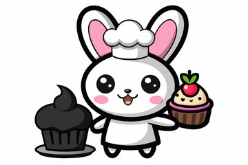 Cartoon easter Kawaii bunny with big eyes and long eyelashes as a cook and he cooking cupcake, silhouette black vector illustration