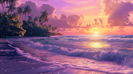 Uma clássica imagem de praia no estilo lo-fi, com tons de cores fortes, uma ilustração carregada...