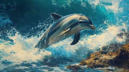 enchanting portrayal of a playful dolphin in the dreamlike hues of art paintings, capturing the animal's grace and fluidity