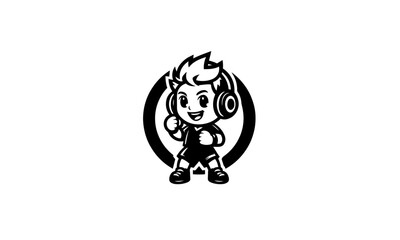 kid wearing headset mascot character in black and white