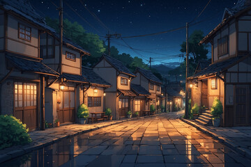 Streets in quiet villages without people at night. In anime style