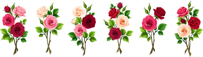 Rose branches. Red, pink, and white rose flower branches isolated on a white background. Set of vector design elements