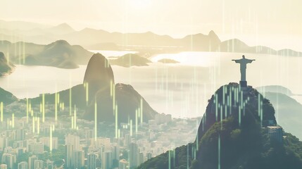 Brazil business skyline with stock exchange trading chart double exposure with brazilian flag, trading stock market digital concept	
